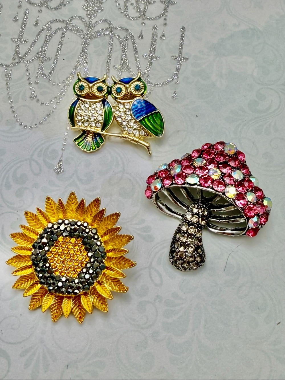 Colorful Owl, Sunflower and Mushroom Rhinestone Brooch Set - #cz770